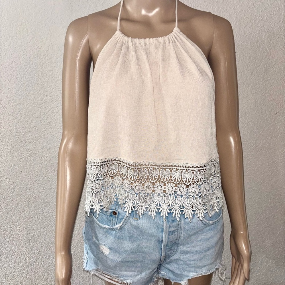 TOBI Bohemian Low-Back Halter Top w/ Lace Trim in ‘Oatmeal’